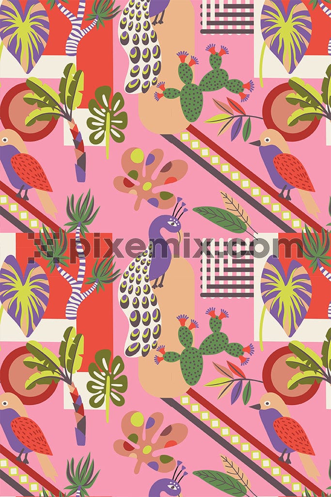 Tropical leaves and birds vector product graphic with seamless repeat pattern.