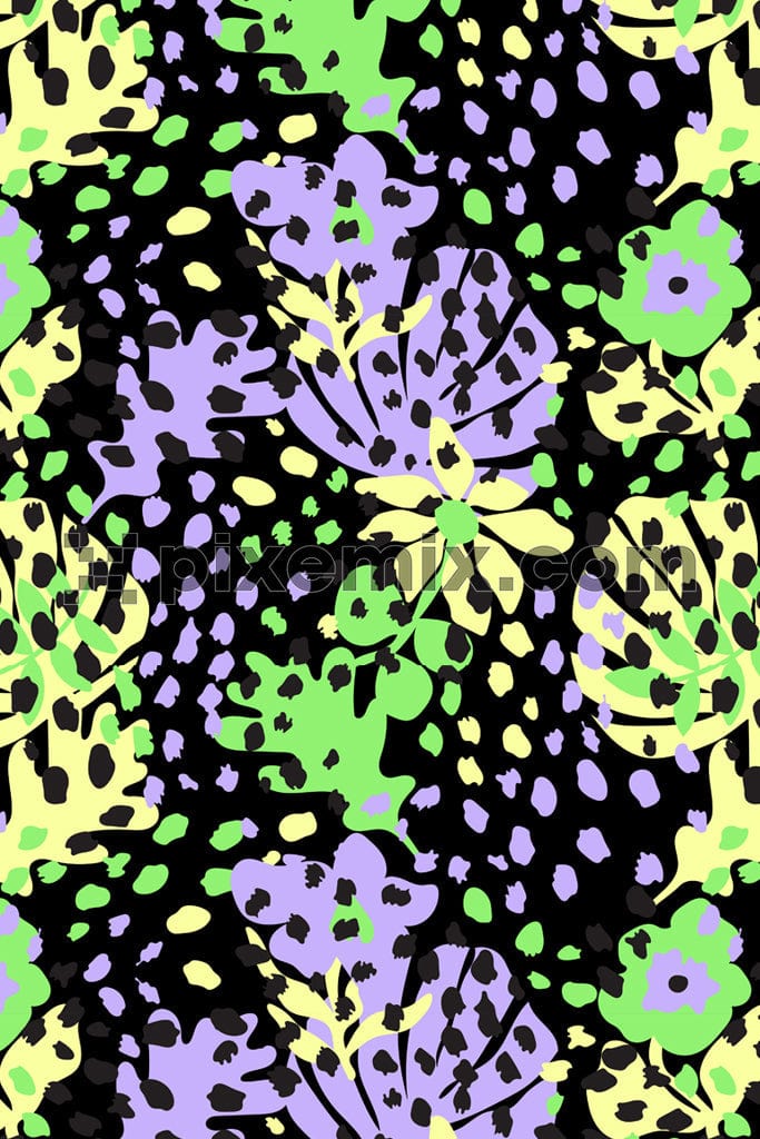 A collage of vector leaves with leopard skin product graphic with seamless repeat pattern.
