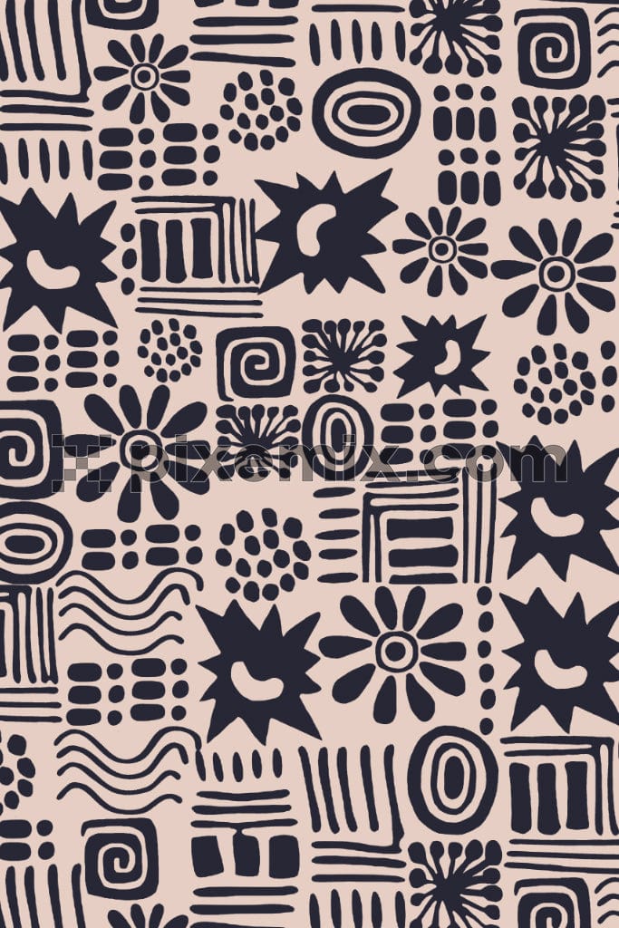 Tribal florals and stripe product graphic with seamless repeat pattern.