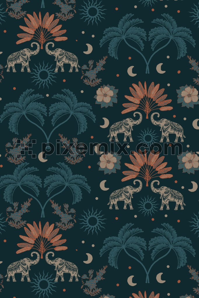 Tropical forest inspired vector leaves and animal product graphic with seamless repeat pattern.