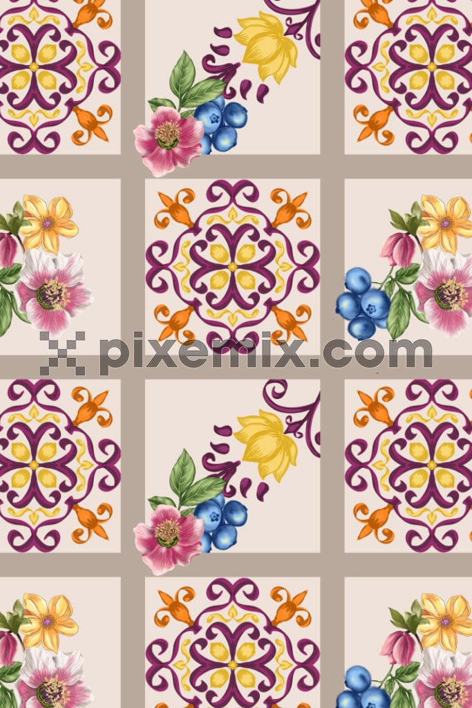 Hand-drawn florals and damask art product graphic with seamless repeat pattern.