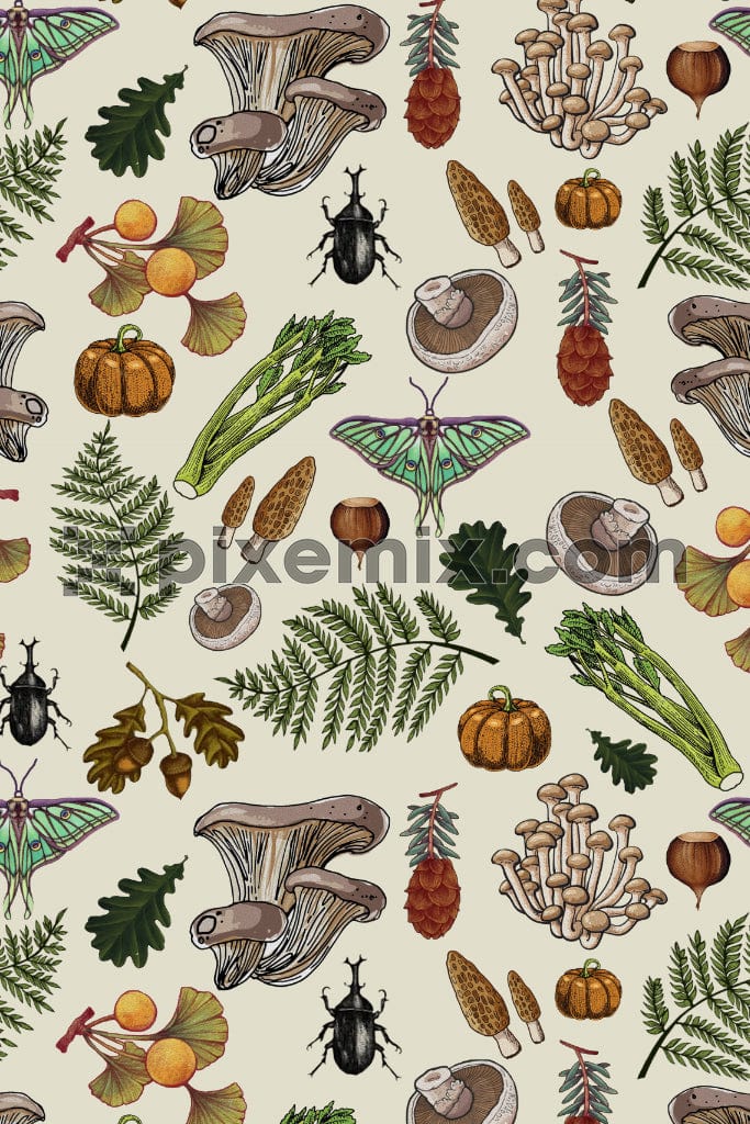 Hand-drawn vegetable garden and insects product graphic with seamless repeat pattern.