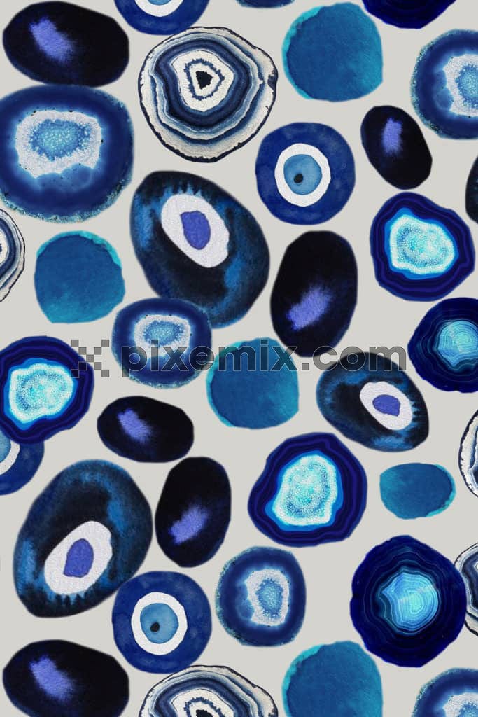 Hand-drawn blue crystal agate slice product graphic with seamless repeat pattern.
