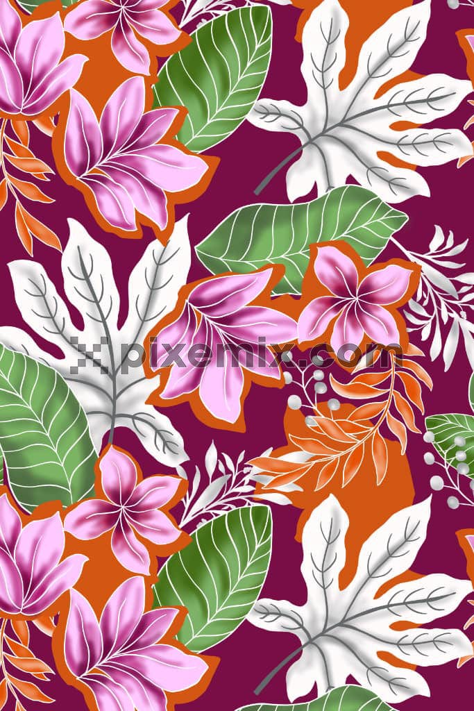 Hand-drawn florals and leaves product graphic with seamless repeat pattern.