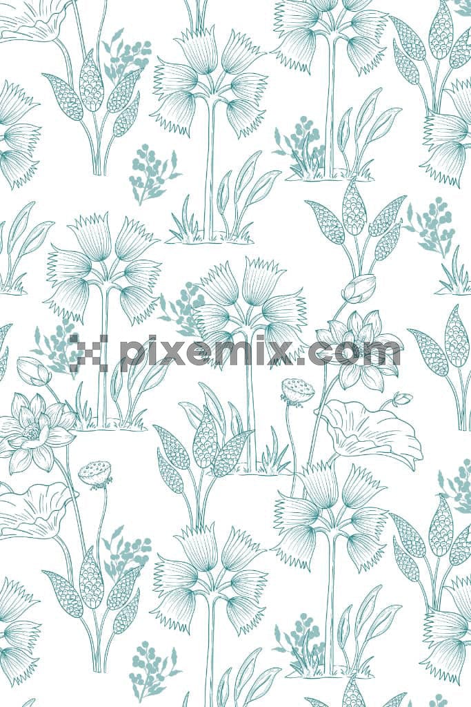 Lineart floralsa & leaves product graphic with seamless repeat pattern.