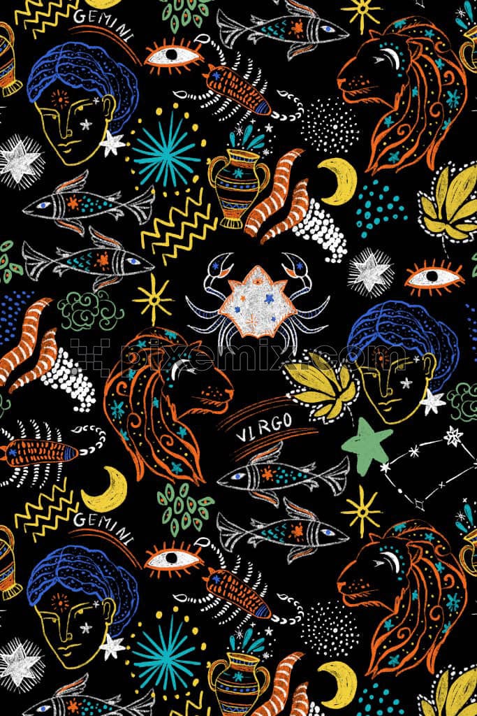 Hand-drawn zodiac sign product graphic with seamless repeat pattern.