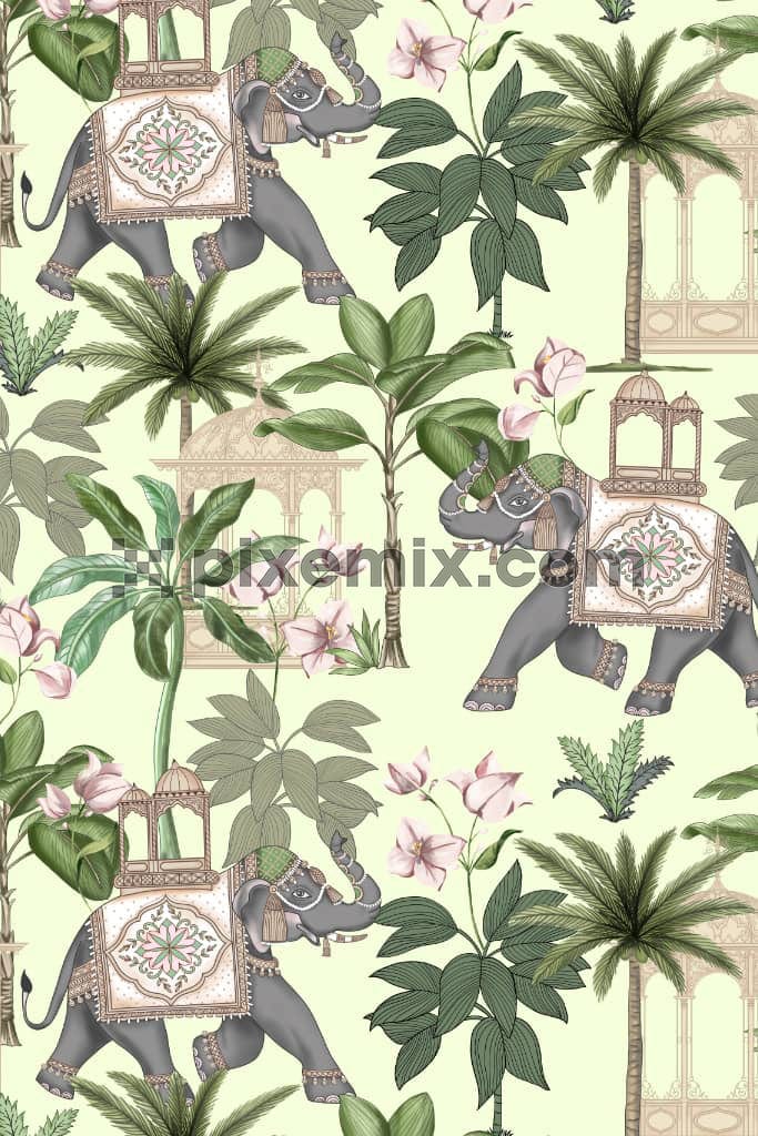 Pichwai art inspired lotus and leaves product graphic with seamless repeat pattern.