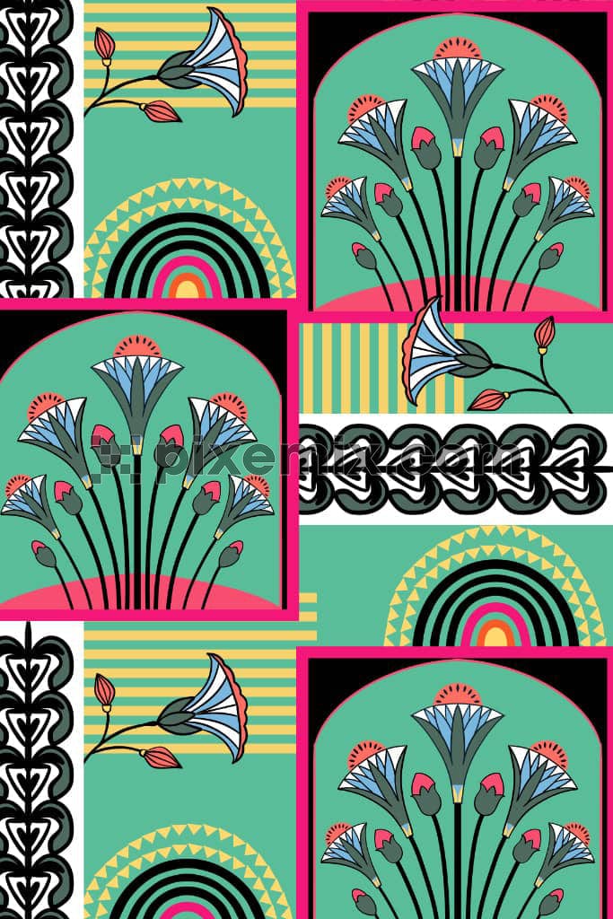 Florals with bohemian stripe product graphic with seamless repeat pattern. 