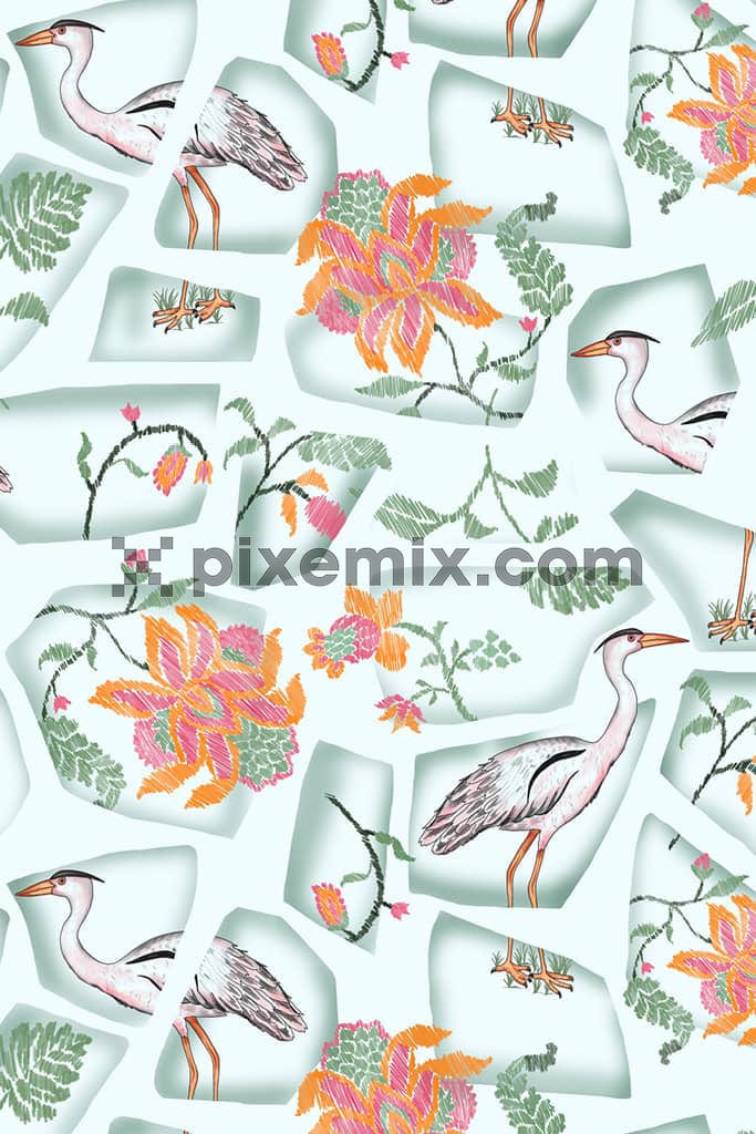 Oriental crane and ikat stripes florals product graphic with seamless repeat pattern.