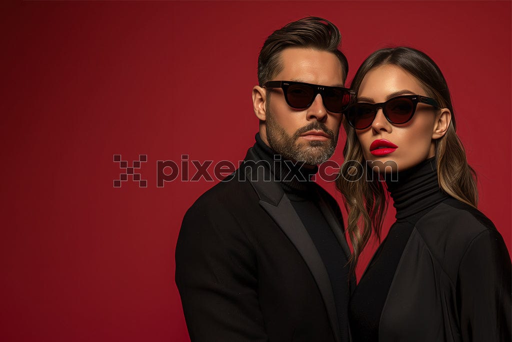 Young fashionable couple on red background image.