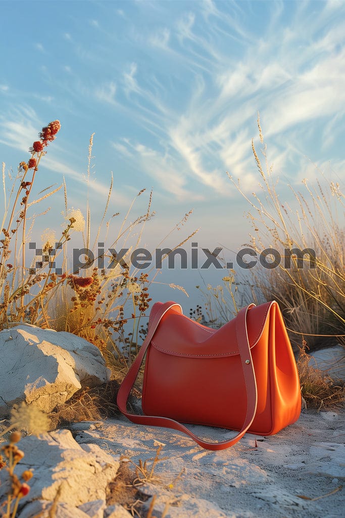 Stylish leather woman's bag on nature image.