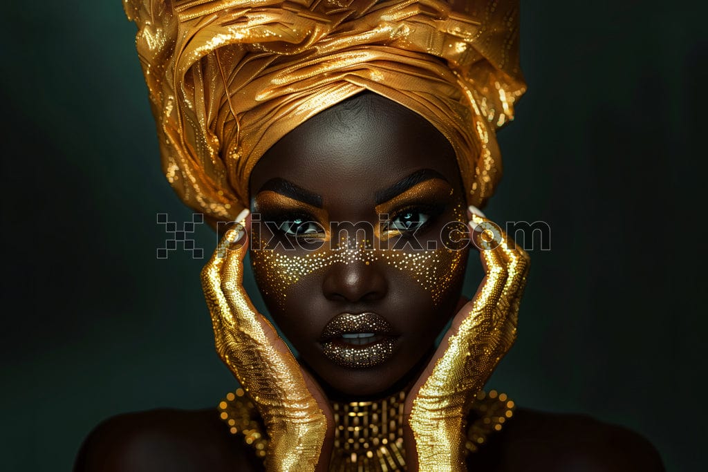 Portrait closeup Beauty fantasy african woman face in gold shiny skin image. 