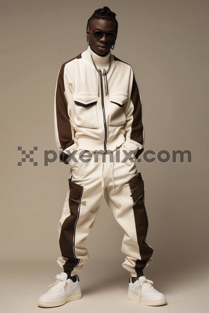 Portrait of a fashionable male model over beige background image. 