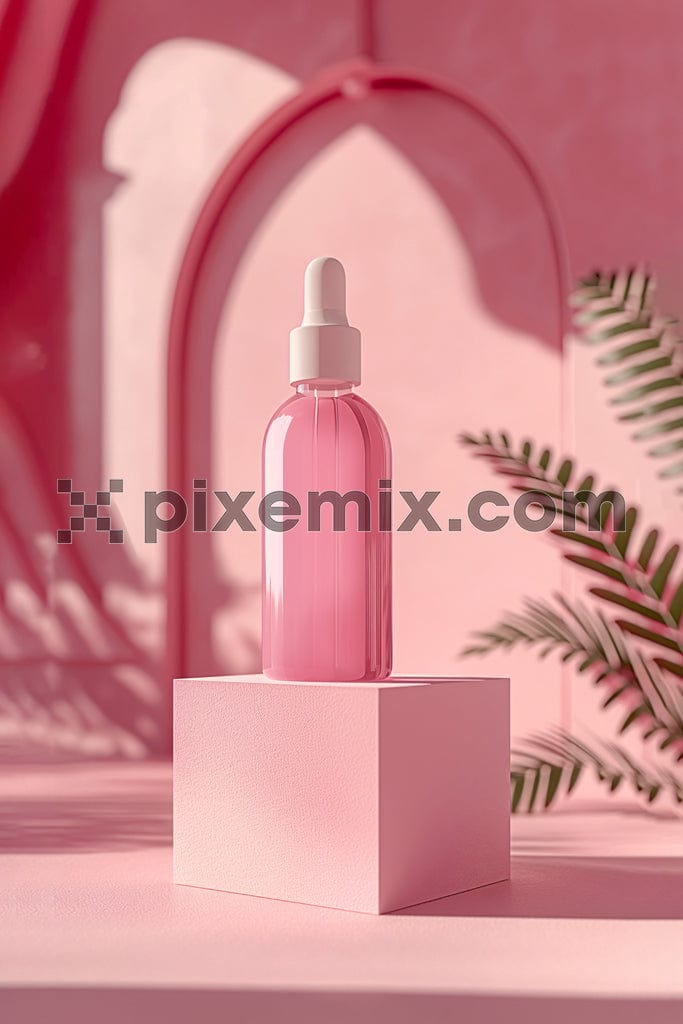 Product package serum on pink background and pink podium image. 