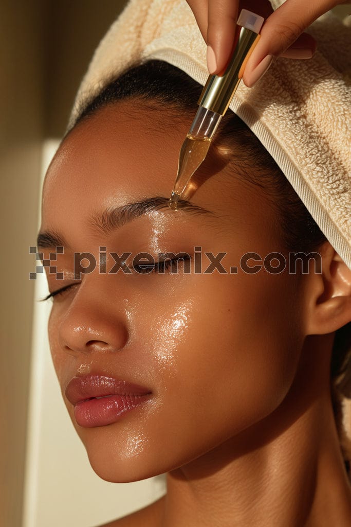 Beautiful young woman applying cosmetic serum onto her face image.