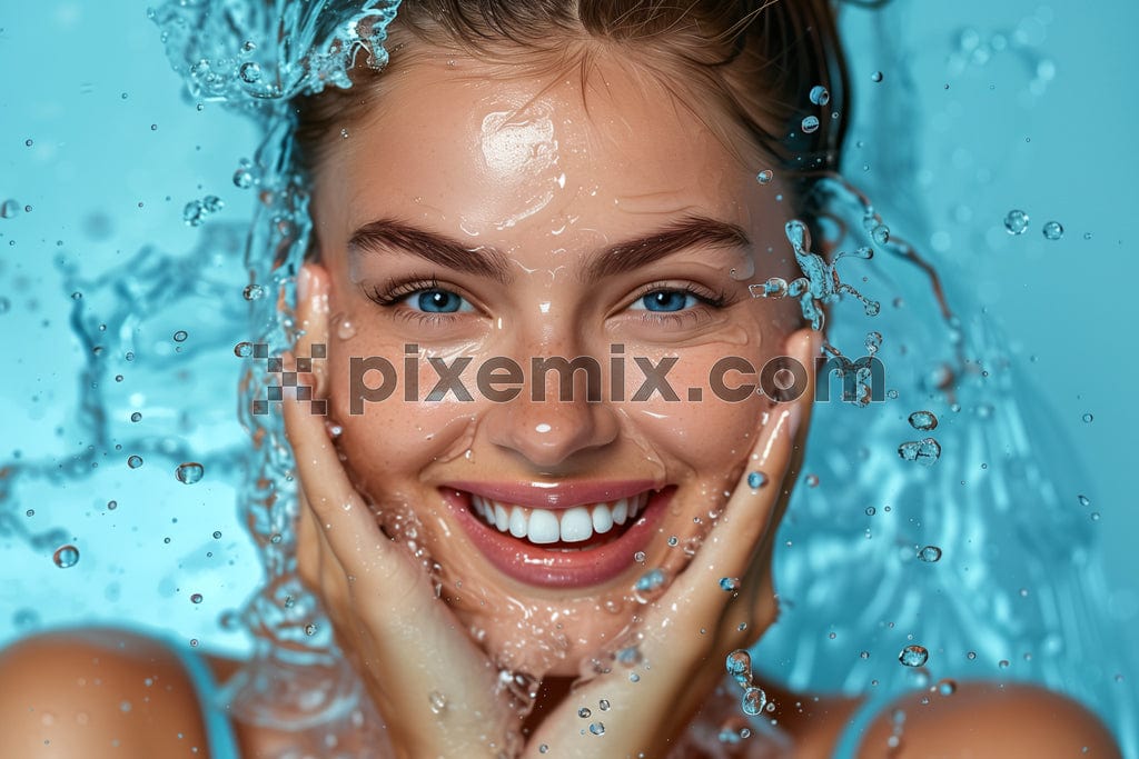 A woman is washing her face with water image.