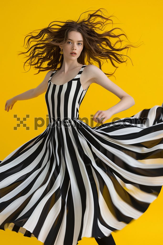 Fashion woman in striped dress on yellow background image.