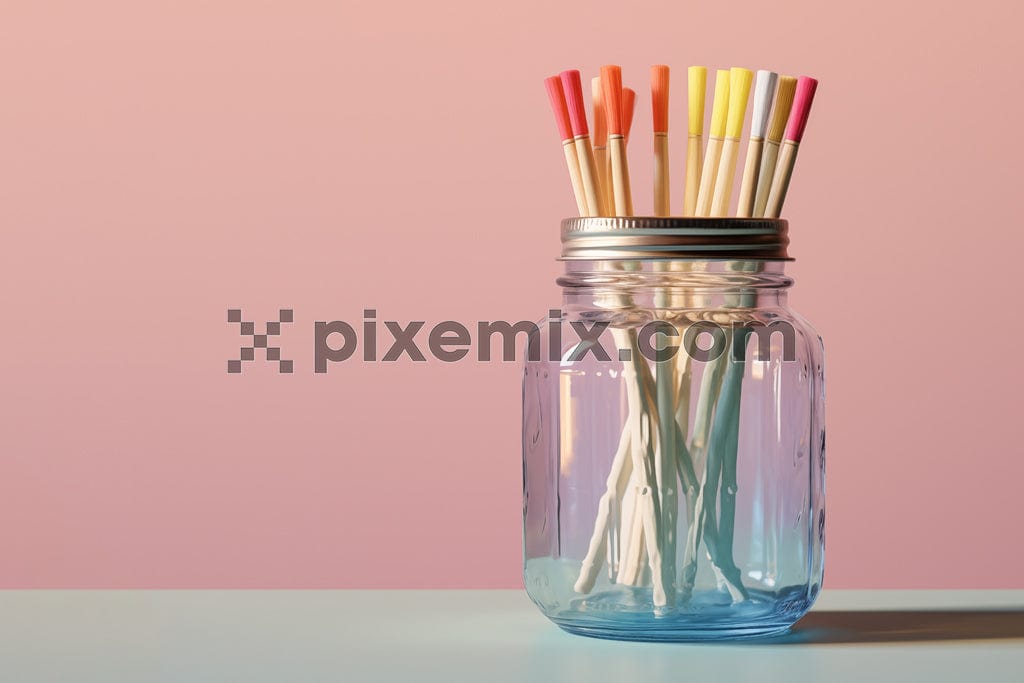 Collection of colorful pencils stacked in glass jar placed on table image.