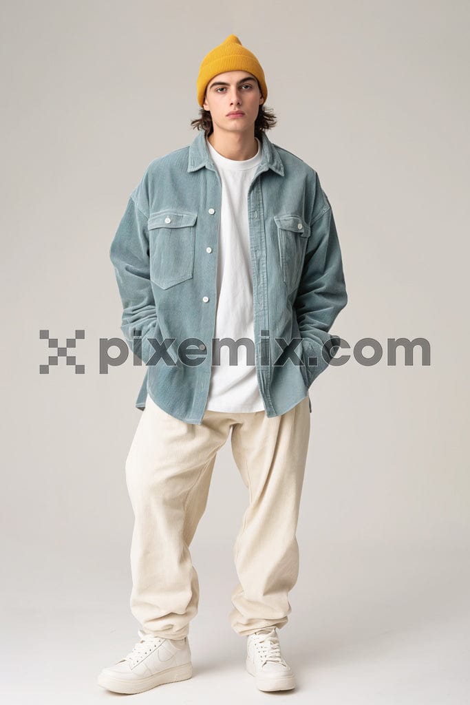 Young man posing with a trendy outfit against grey background image.