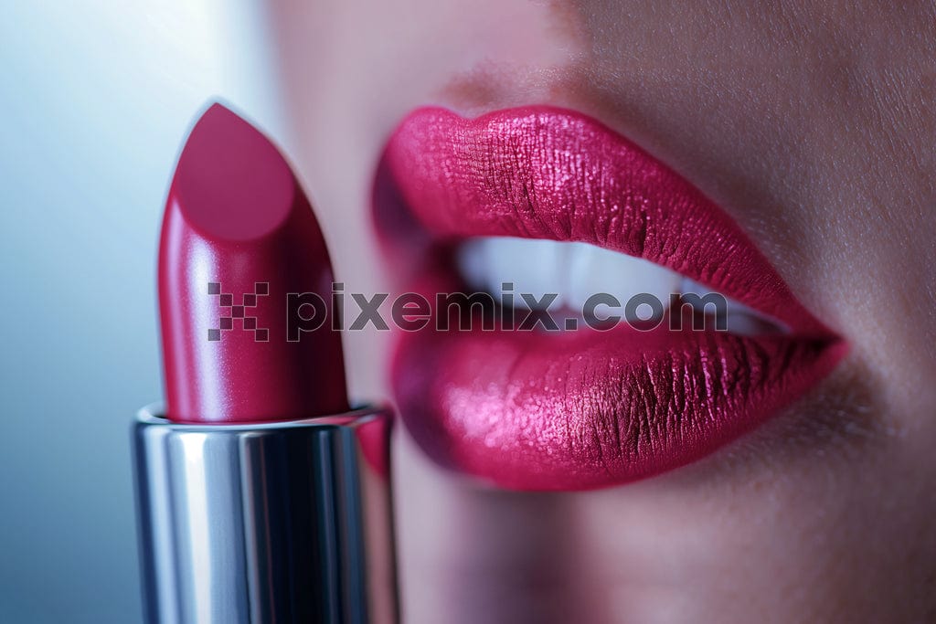 Extreme close up on model applying dark red lipstick image.