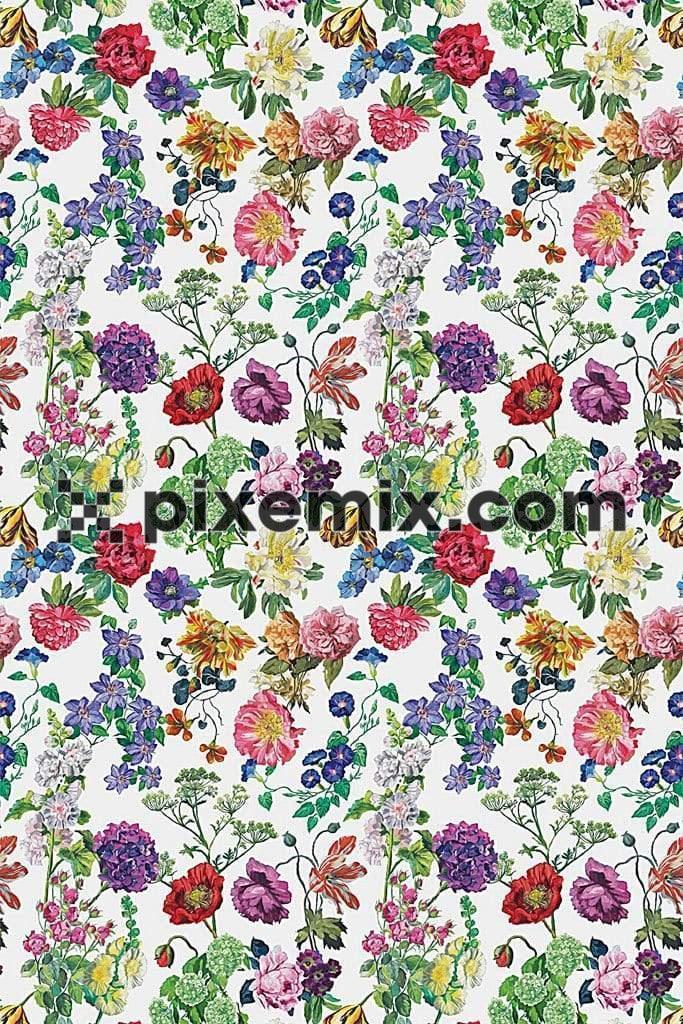 Multicoloured digital floral product graphic with seamless repeat pattern