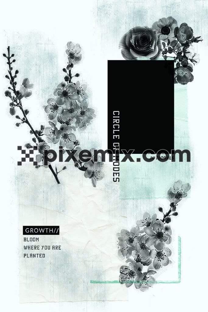 Monochrome florals xray effect product graphic with distress