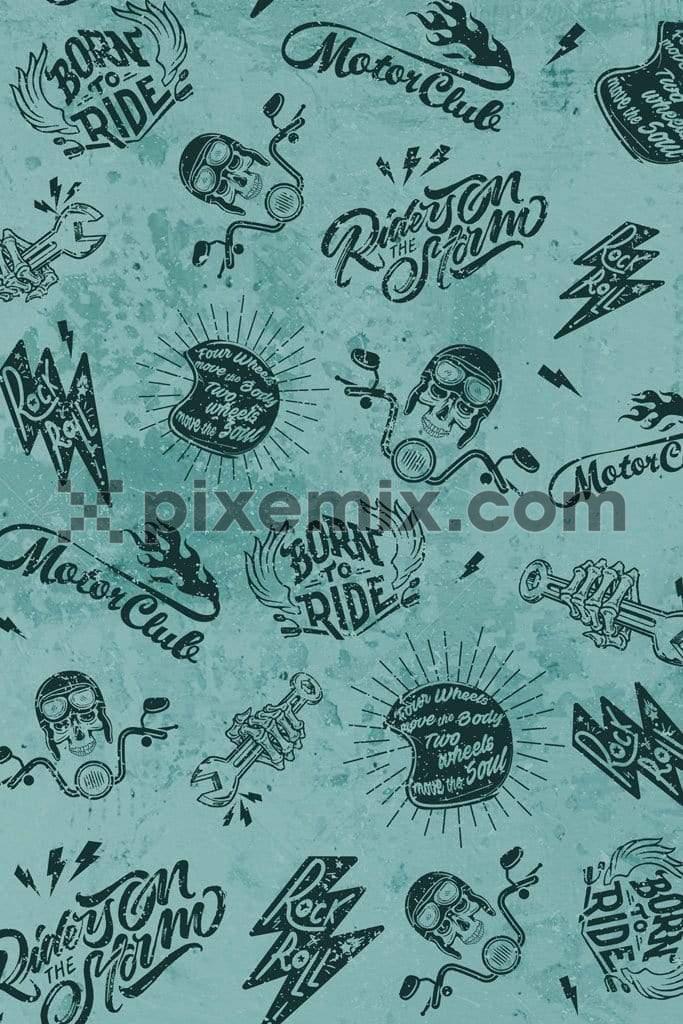 Vintage motorcycling icons pattern product graphic with distress effects