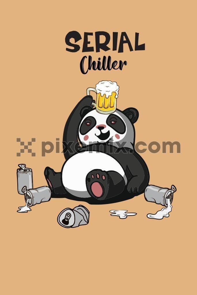 Cartoon cute panda chilling with beer product vector graphic