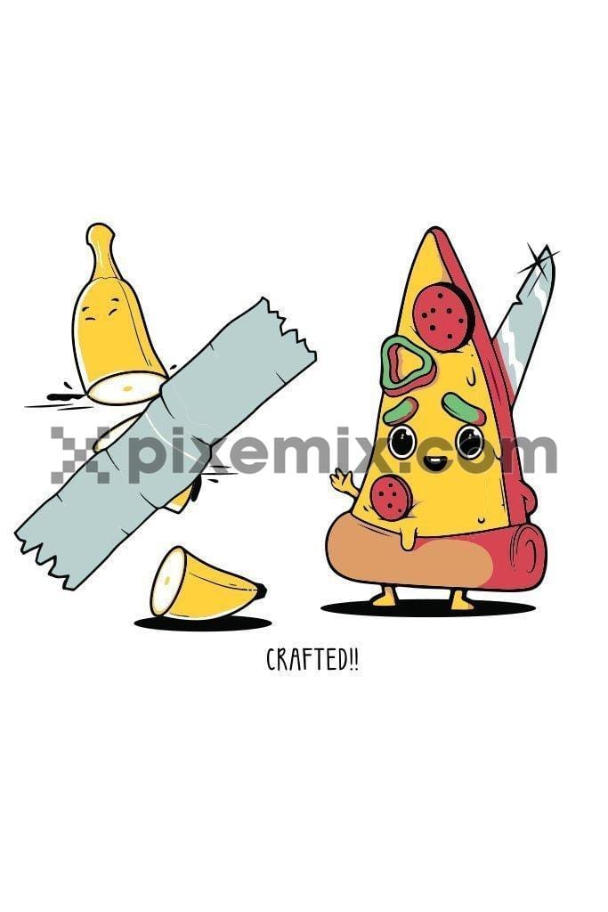 Trendy crafted banana and pizza vector quirky product graphic<