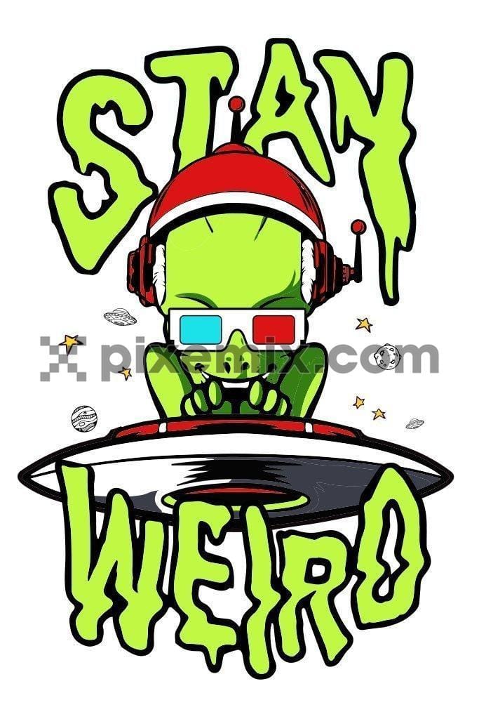 Weird alien driving UFO vector product graphic