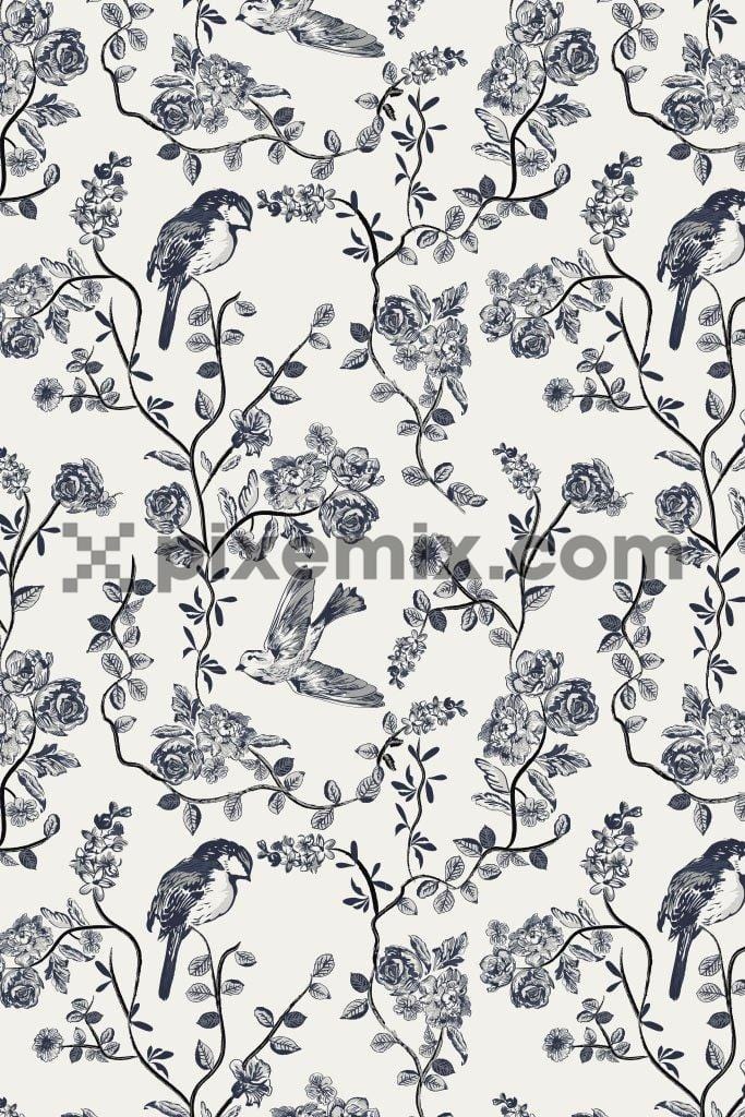 Monochrome floral and birds pattern product graphic