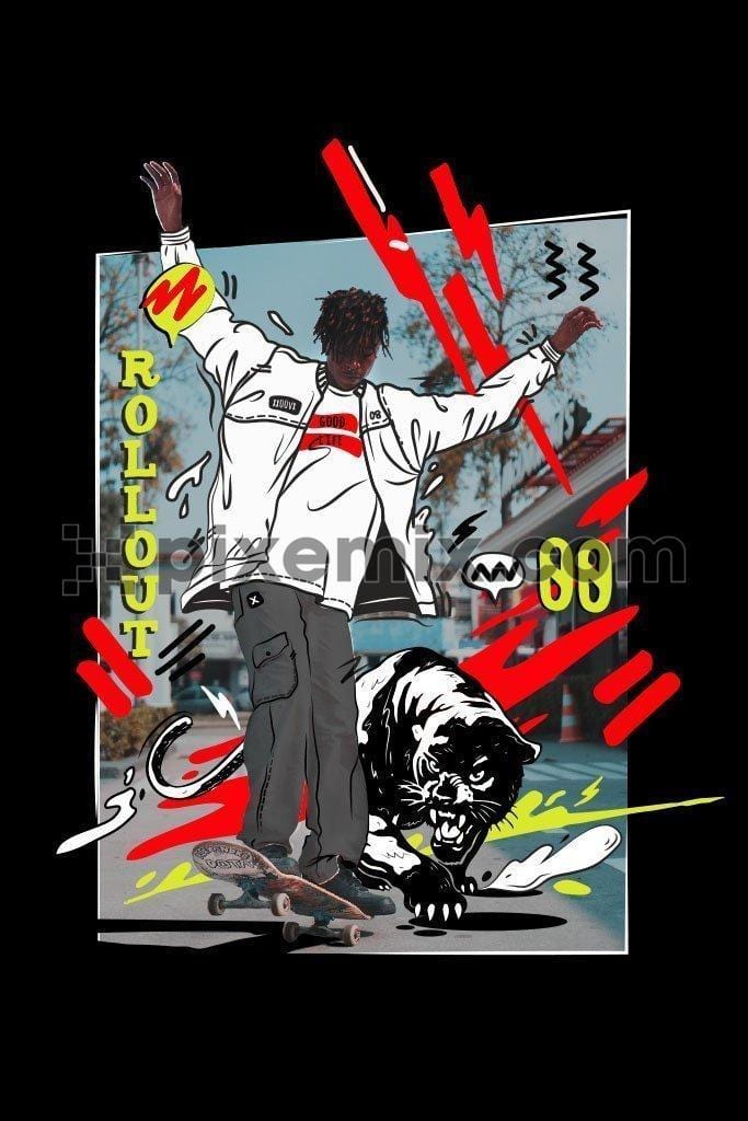 Doodle skateboarder skateboarding with black panther outdoors vector product graphic