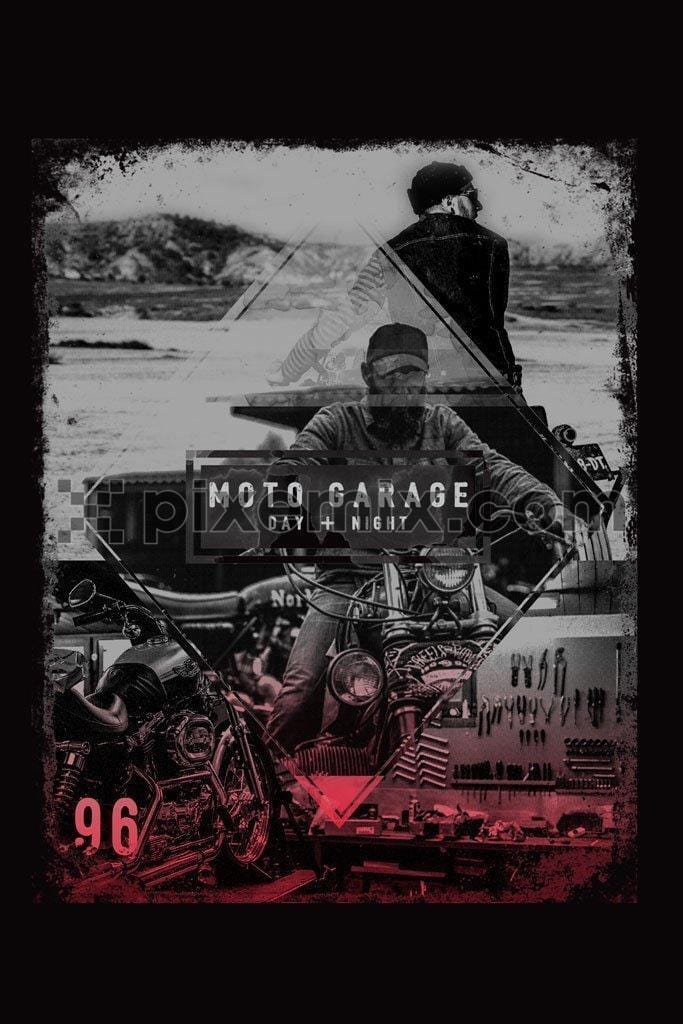 Double exposure moto garage  product graphic with distress effect