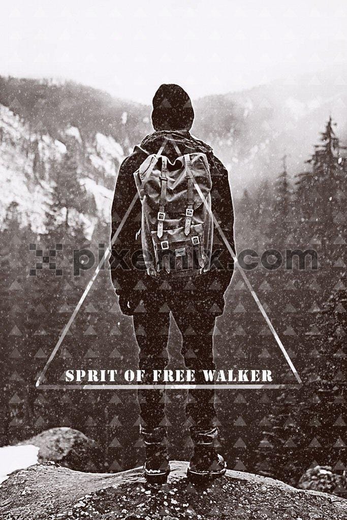 Young man standing on top of mountain cliff with backpack product graphic