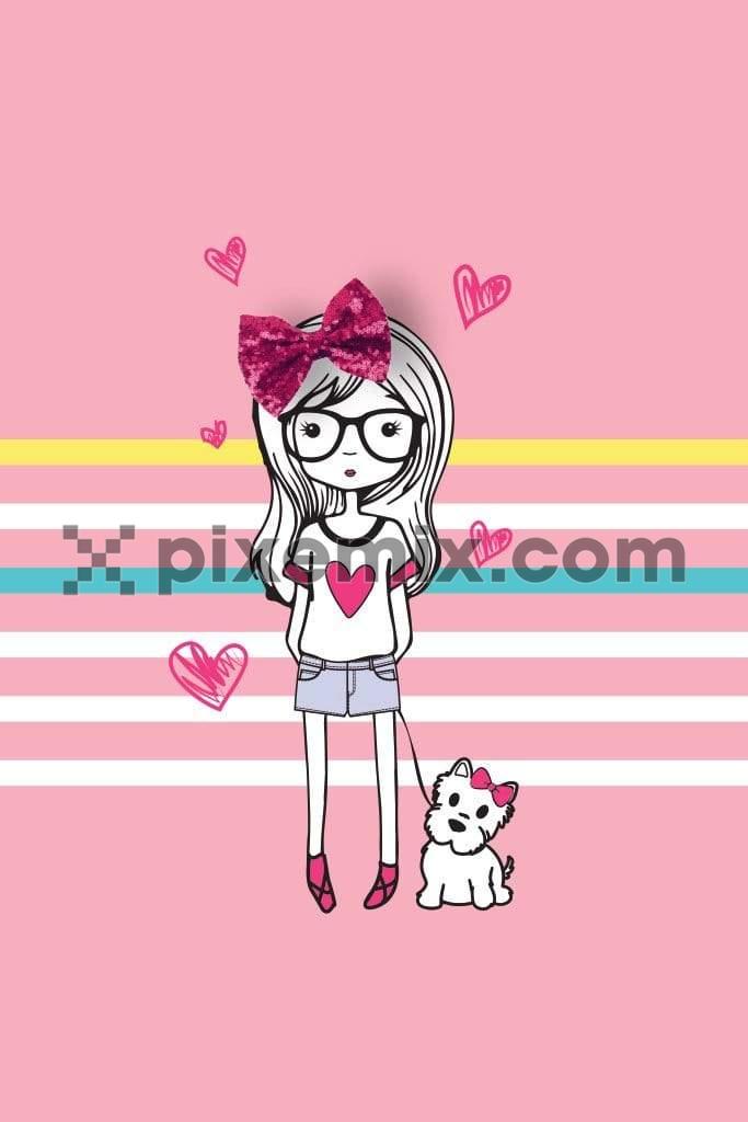 Cute bow girl with dog and stripes product graphic