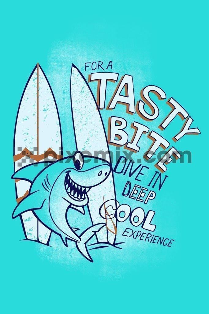 Cartoon surfing shark with typography product graphic