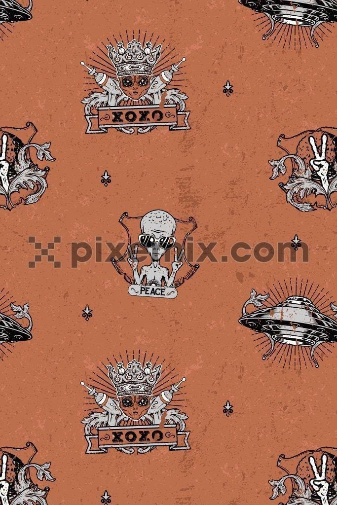 Alien quirky vector product graphic seamless pattern with distress effect