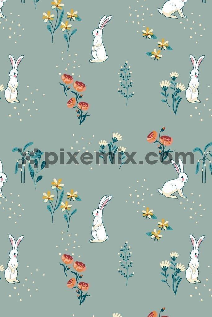 Cute bunny around florals vector poduct graphic seamless pattern