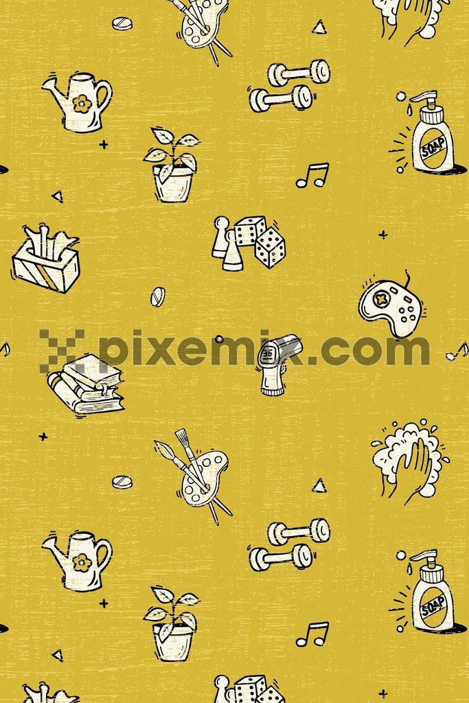 Lockdown inspired daily home activities vector product graphic seamless pattern