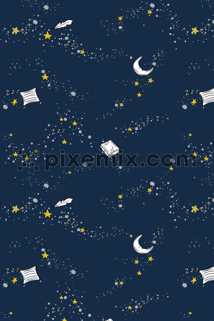 Starry night with book, moon & pillow vector poduct graphic seamless pattern