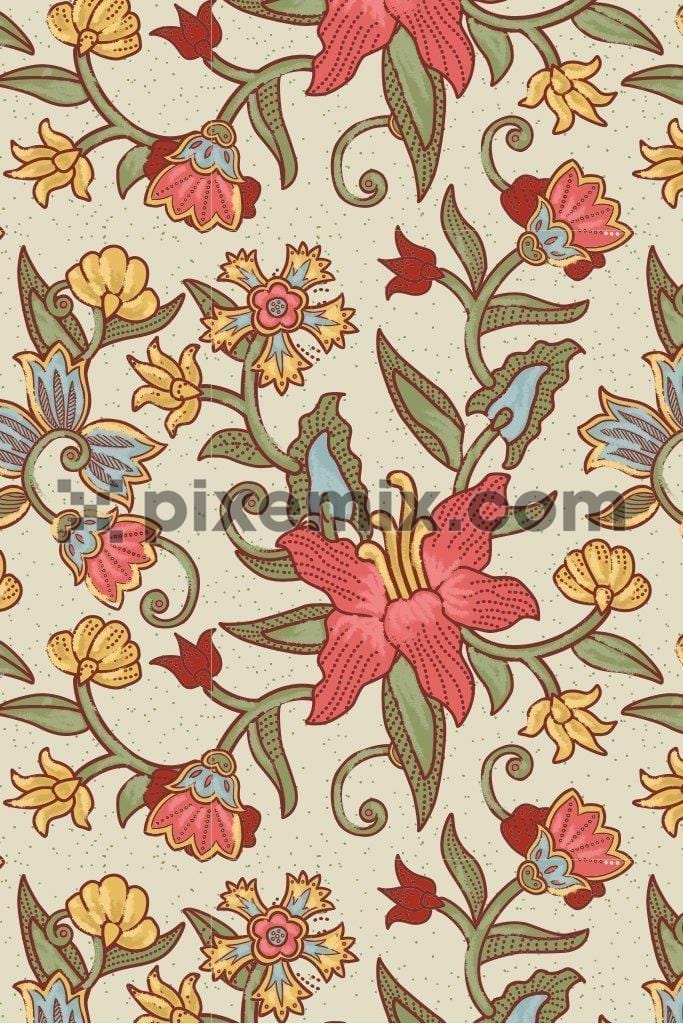 Indian craft kalamkari inspired floral & leaves seamless repeat pattern poduct graphic