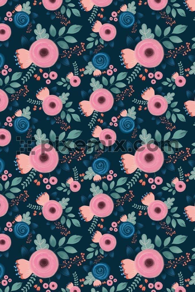 Cute bloomed florals vector product graphic with seamless repeat pattern