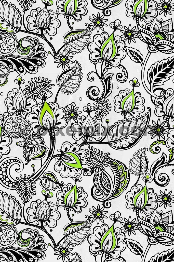 Kalamkari style monochrome seamless repeat pattern product graphic with color highlight