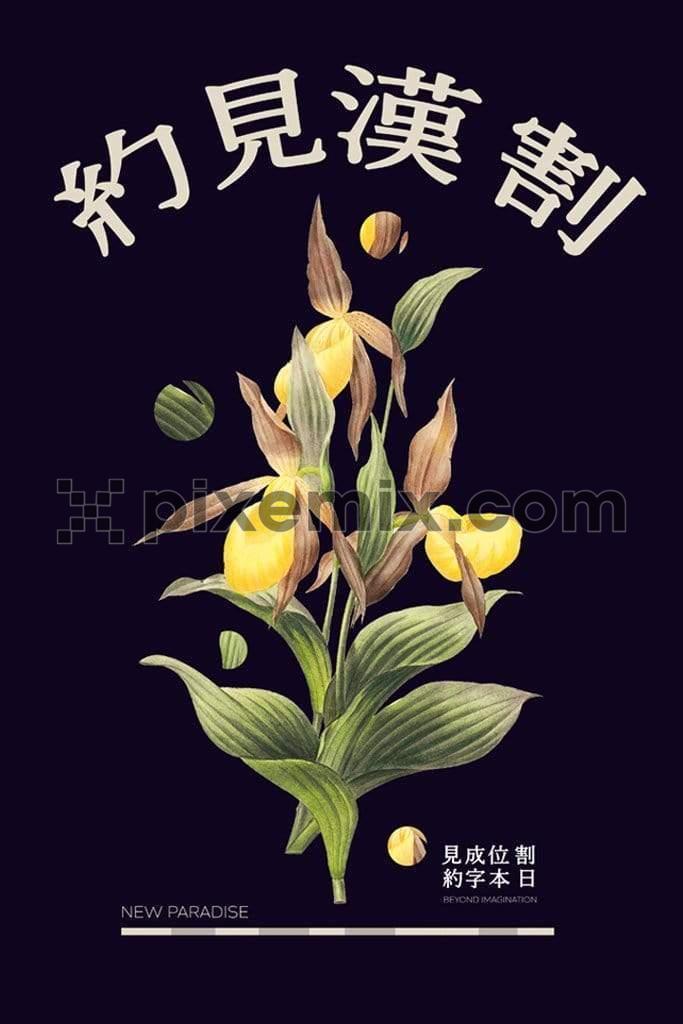 Tropical floral product graphics with trendy oriental typography