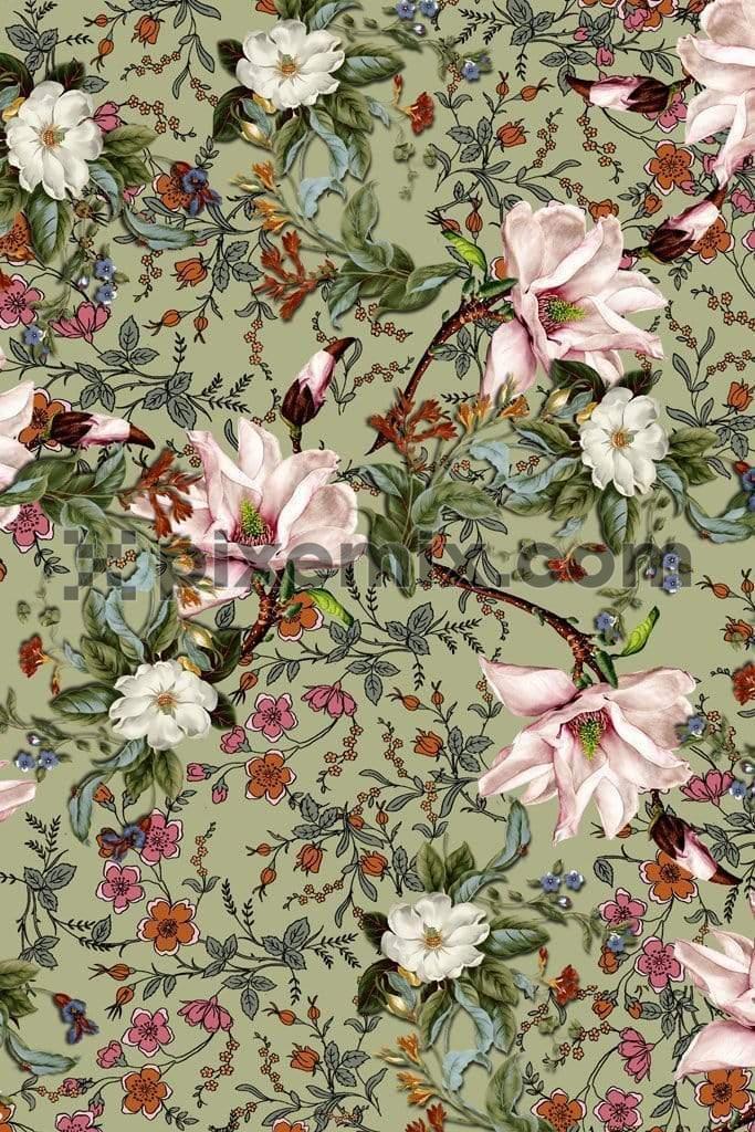 Realistic and vector floral juxtaposition product graphic with seamless repeat pattern