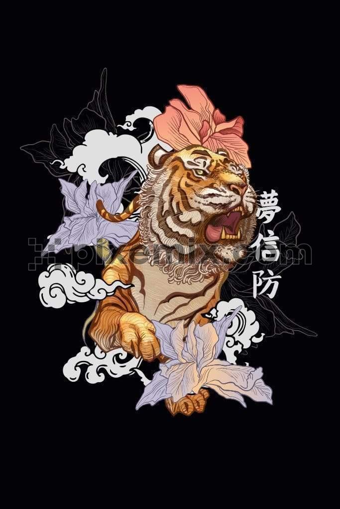 Oriental inspired tiger & floral trendy product graphic