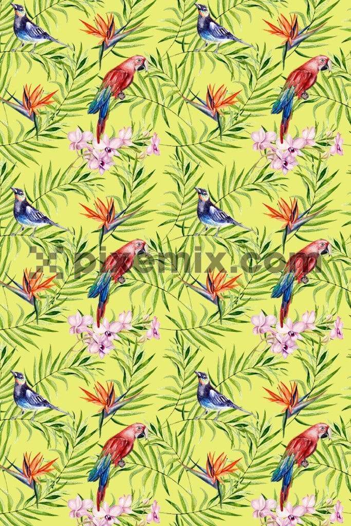 Birds in tropical paradise product graphic with seamless repeat pattern