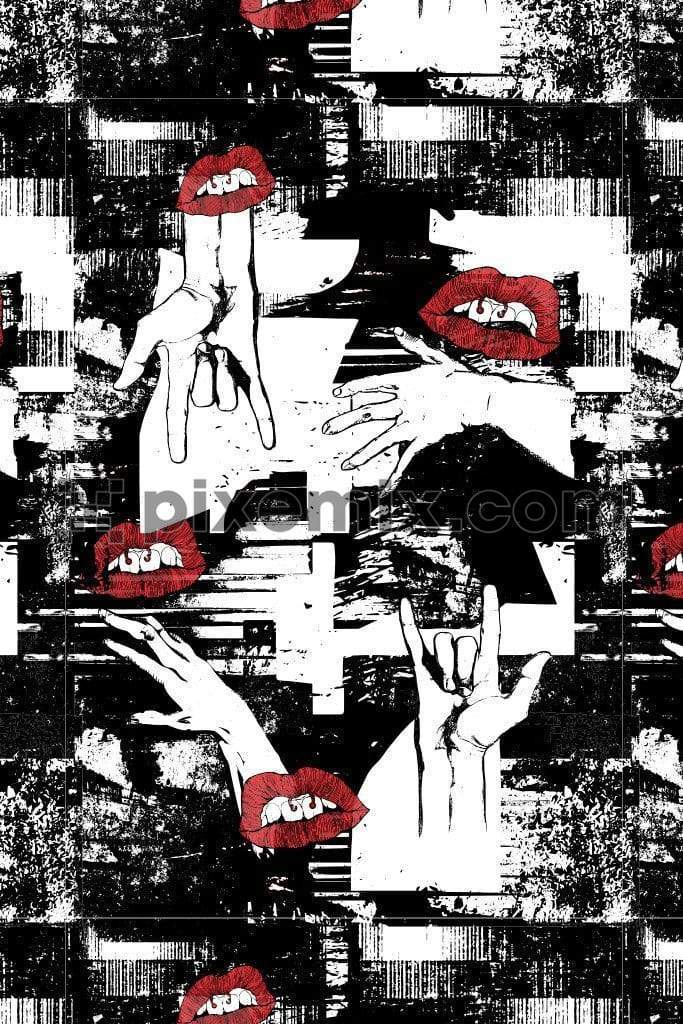 Black & white abstract hand postures with red lips product graphic with seamless repeat pattern