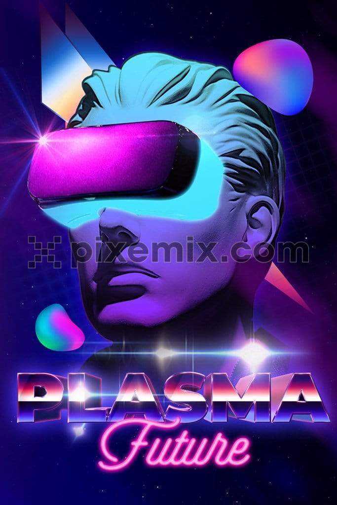 Techno inspired face wearing VR glasses trendy product graphic