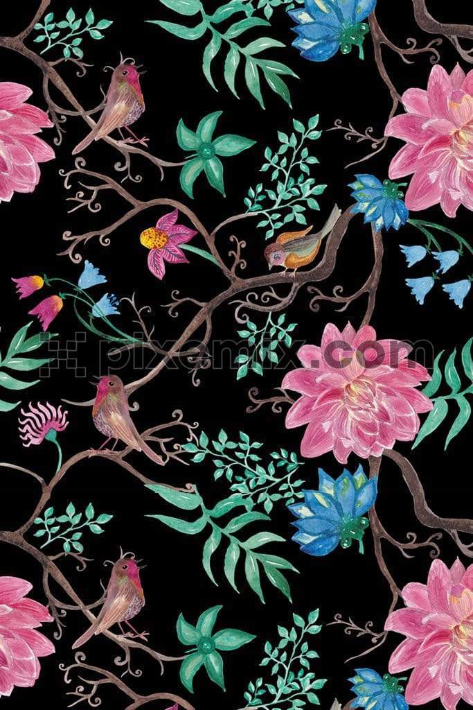Watercolor birds and florals product graphic with semaless repeat pattern